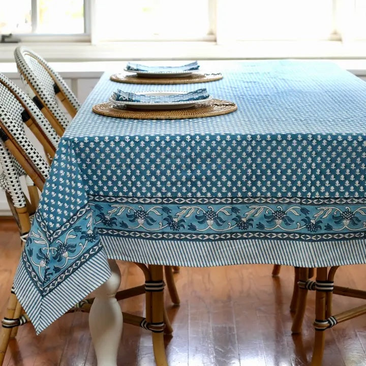 100 % cotton dining tablecloth with a blue pattern; mad by Pacific Rose