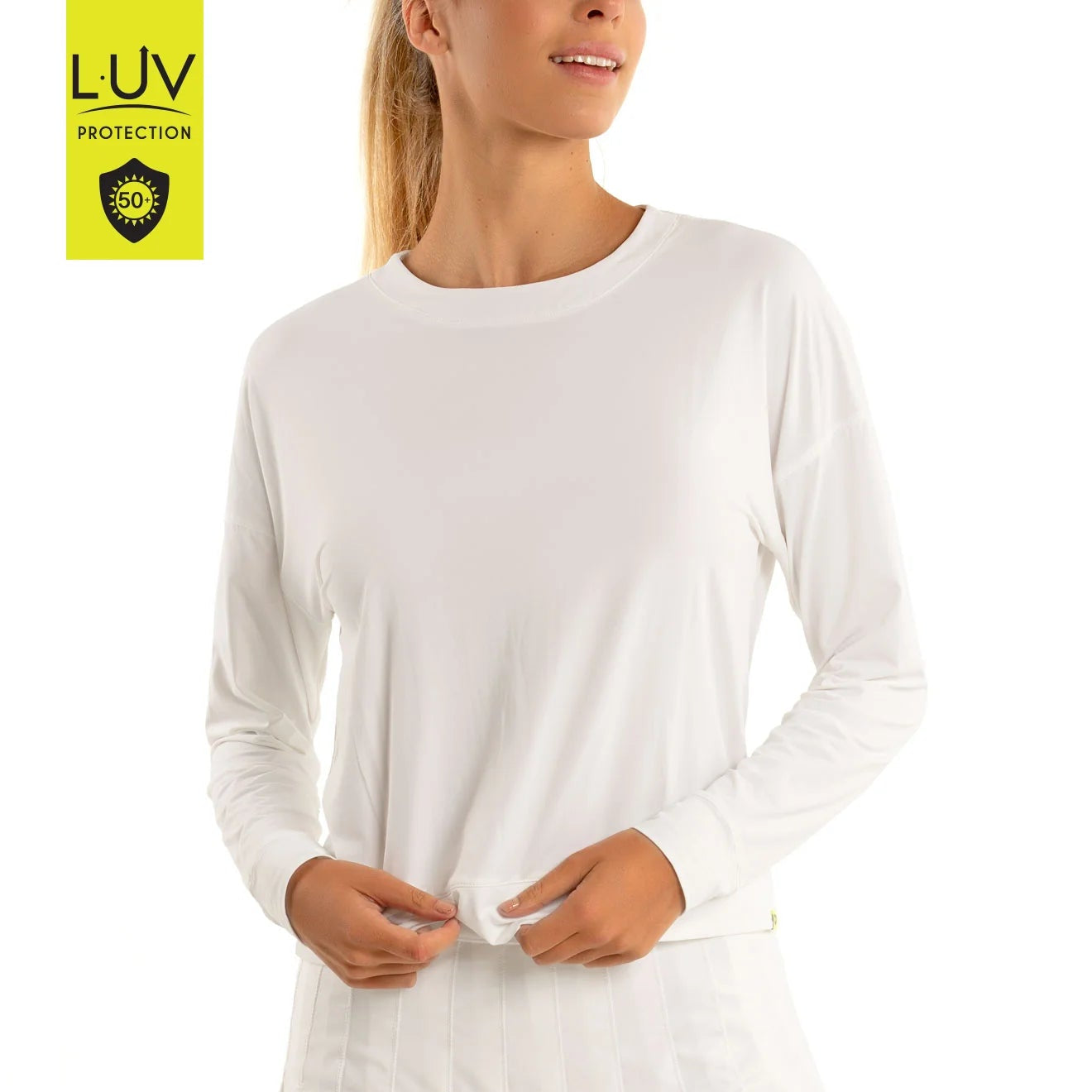 Model wearing Lucky in Love LUV UPF 50+ long sleeve white shirt with a round neckline.