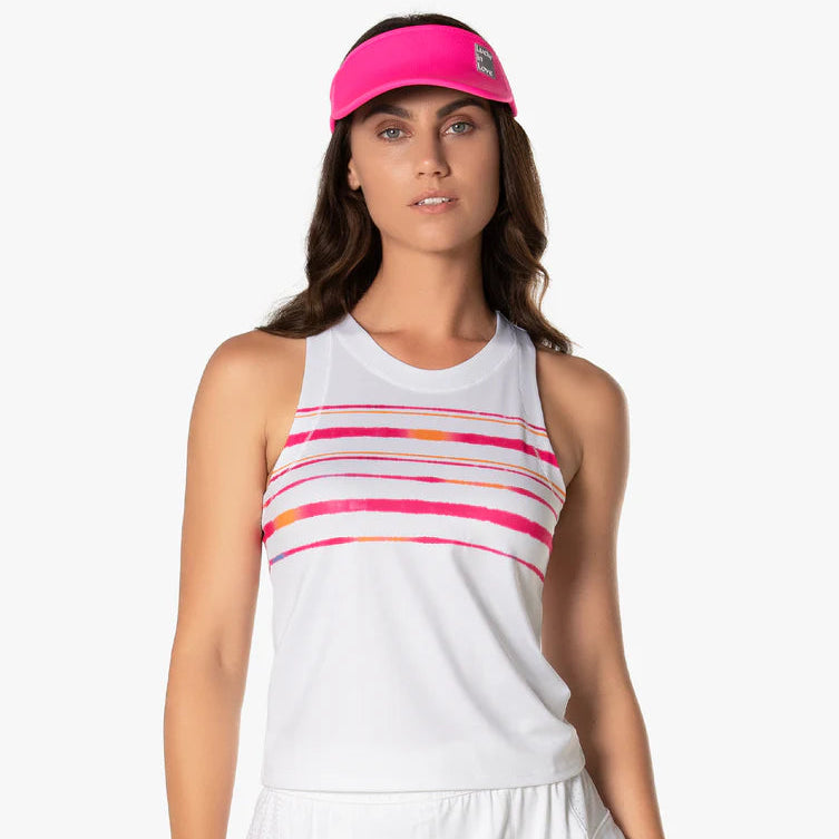 Model is wearing a Lucky in Love tank top with vibrant pink and orange stripes and a matching pink visor, with a white skirt.