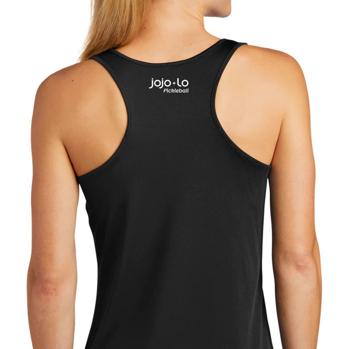 Back of A black racerback style tank top with the word 'DINKER' printed across the front.