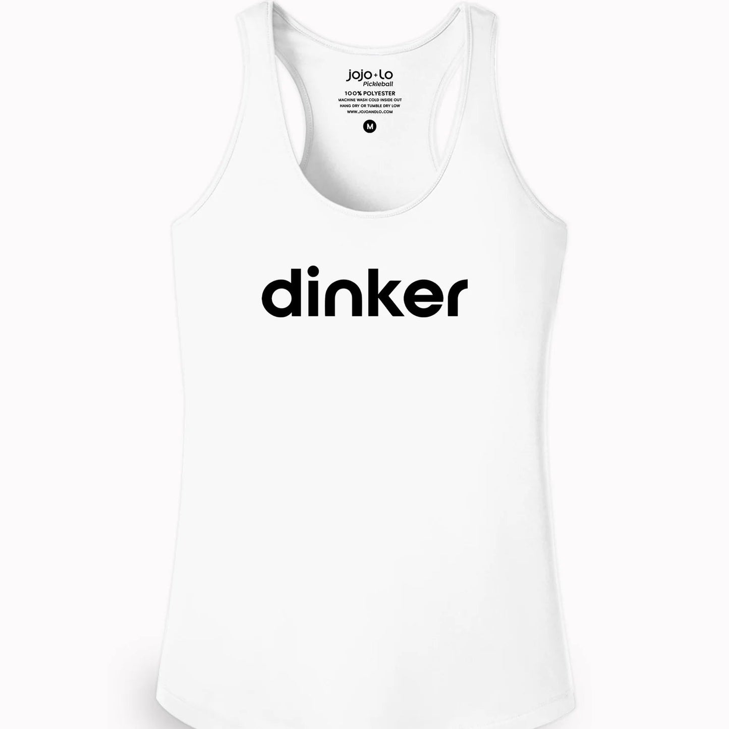 A white racerback style tank top with the word 'DINKER' printed across the front.