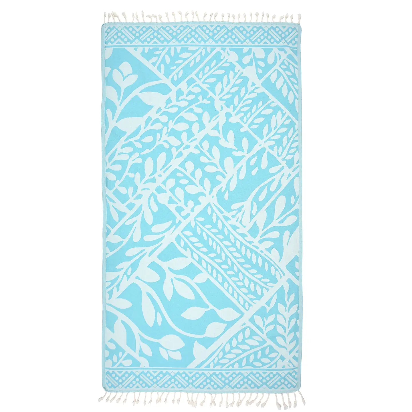 A folded aqua blue and white striped cotton turkish beach towel with a fringed edge, displayed on a white background.