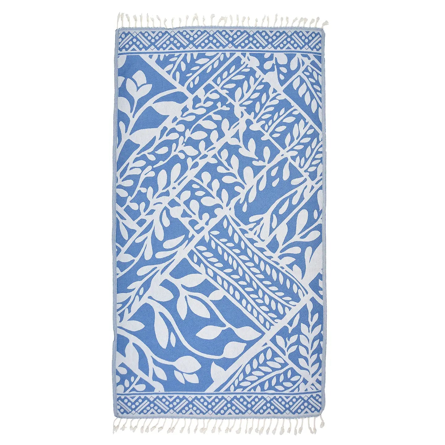 A folded blue and white striped cotton turkish beach towel with a fringed edge, displayed on a white background.