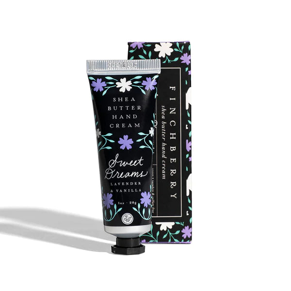 Travel size tube of Finchberry Sweet Dreams Hand Cream with lavender and vanilla scents, featuring a floral design on the packaging.