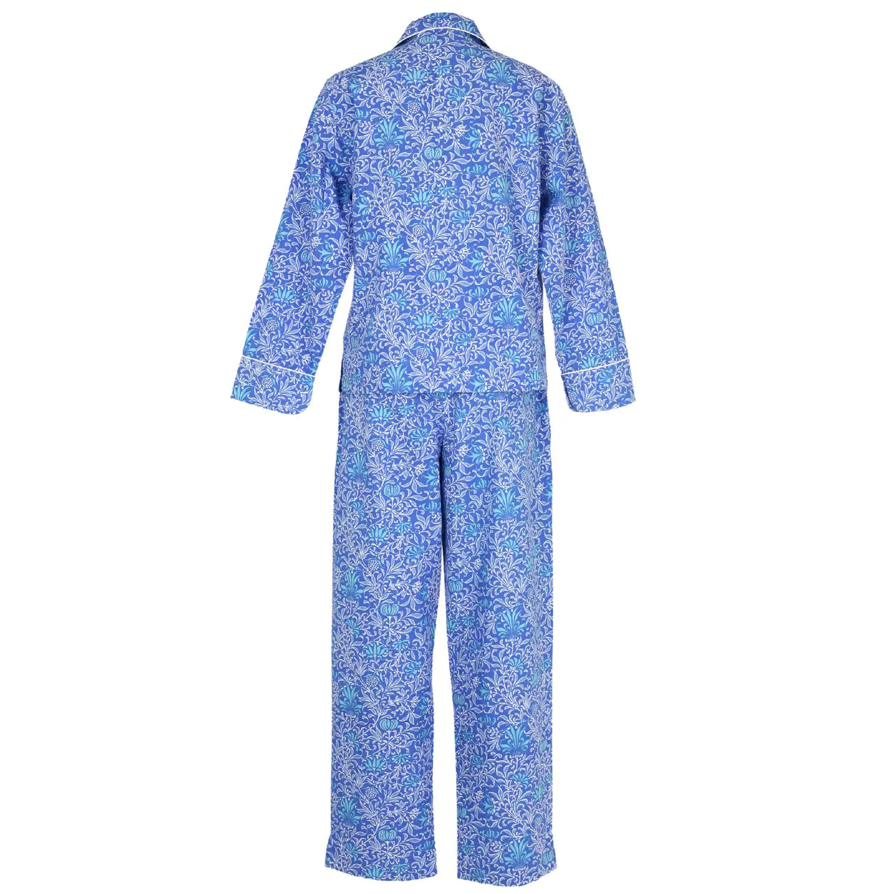 Back view of Blue floral patterned long sleeve and pant 100% cotton women's pajama set