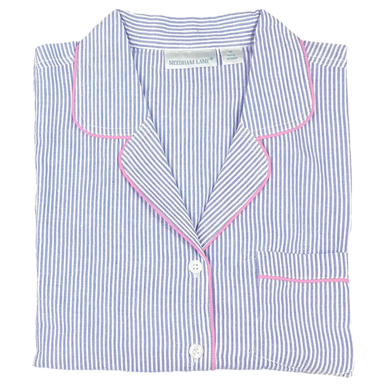 Women's folded blue and white striped pajama set with pink piping