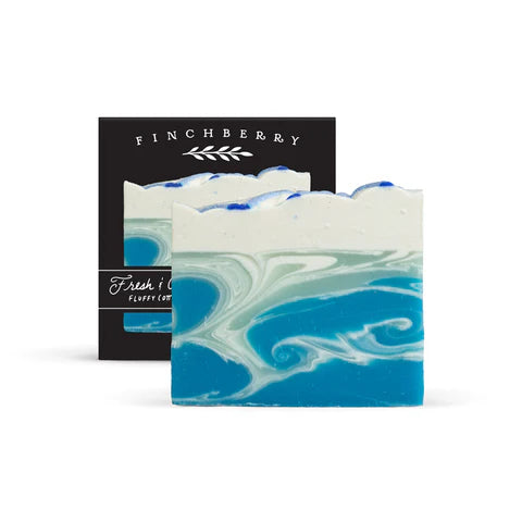 Marbled blue and white soap with Finchberry packaging.