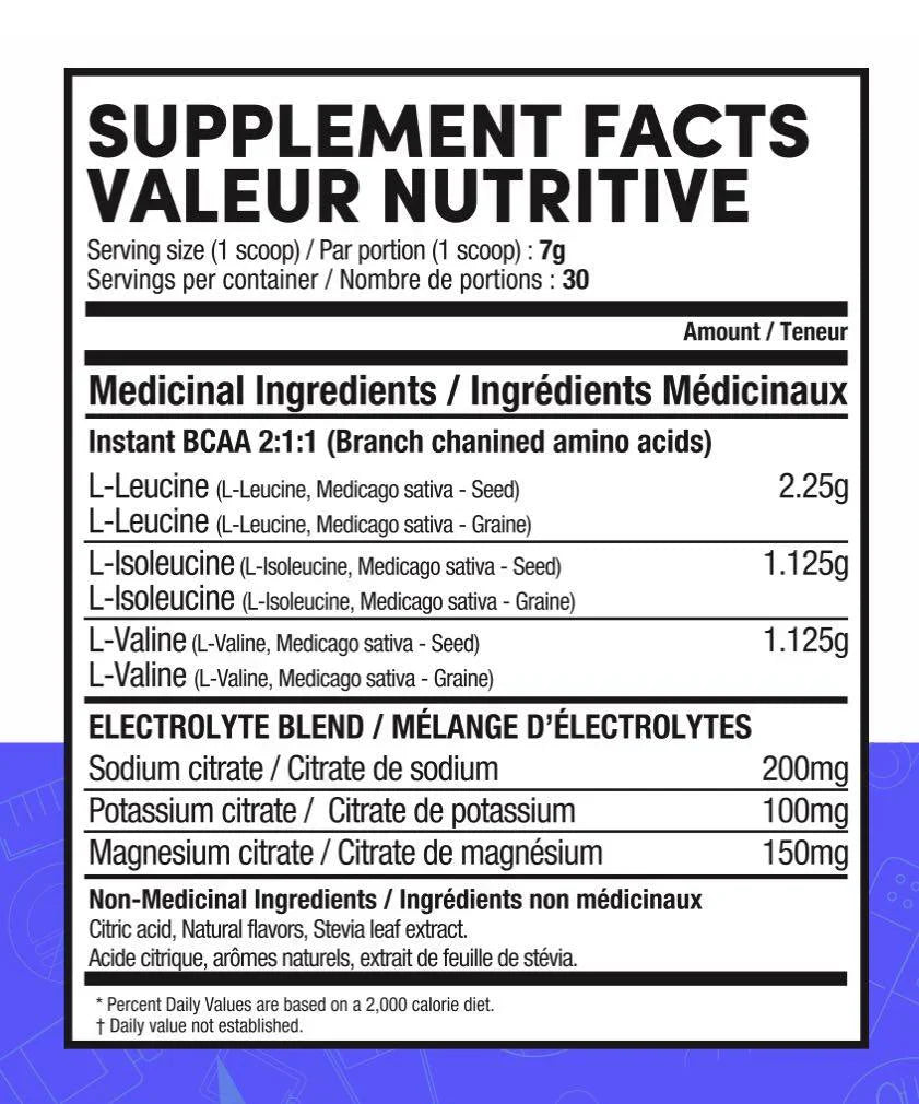 Ingredients of container of TruMe natural BCAA electrolytes in watermelon flavor with 30 servings, marked as gluten-free, keto-friendly, and vegan.
