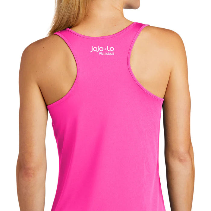 Back side of a pink racerback style tank top with glitter flake design and the text 'XOXO' on it.