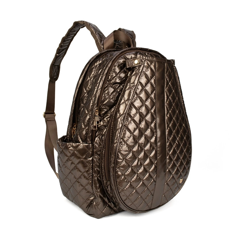 side view of cappuccino colored tennis backpack