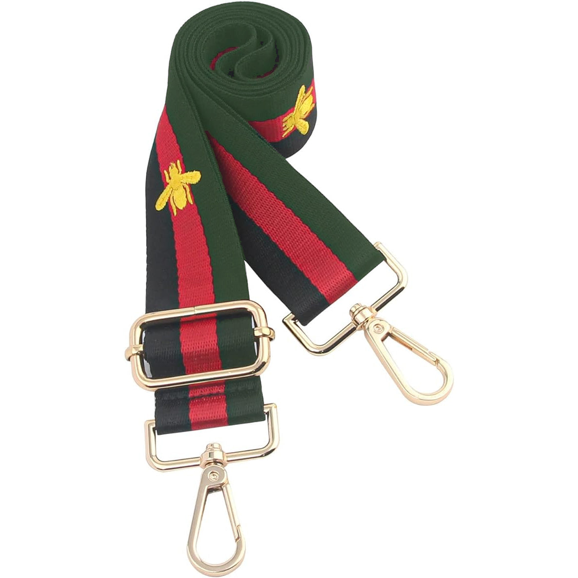 A striped woven bee bag purse strap stripied in green, red and black with gold hardware.