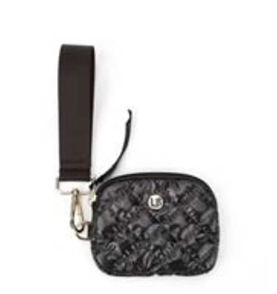 A black, textured Jennifer Keychain Wallet with a wrist strap, featuring a metallic clasp and the Lemonbella logo.