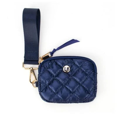 A saphire blue quilted keychain wallet with a wrist strap and a gold-tone logo., made by Lemonbella