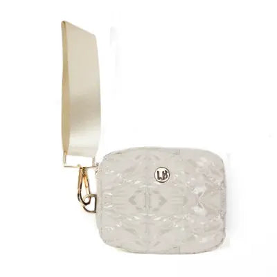 A white, textured keychain wallet with a wrist strap and a Lemonbella logo on the front.