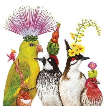 A set of disposable paper napkins featuring colorful illustrations of various birds with flower toppers.