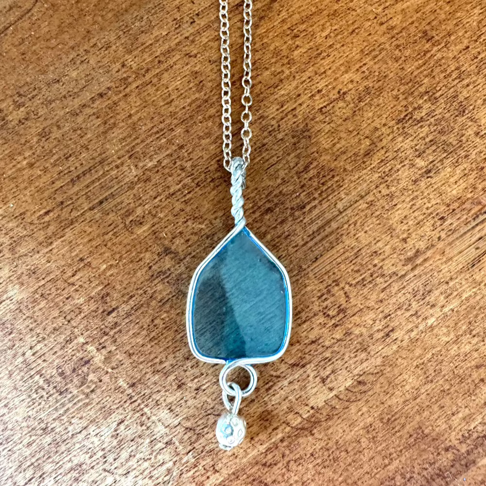 Silver chain pickleball necklace, blue glass pendant