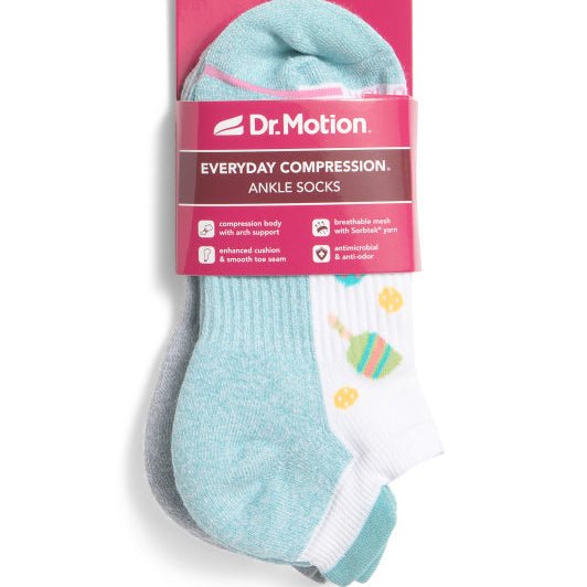 Pack of 2 sets of socks made by Dr. Motion - everyday compression ankle socks with pickleball graphic