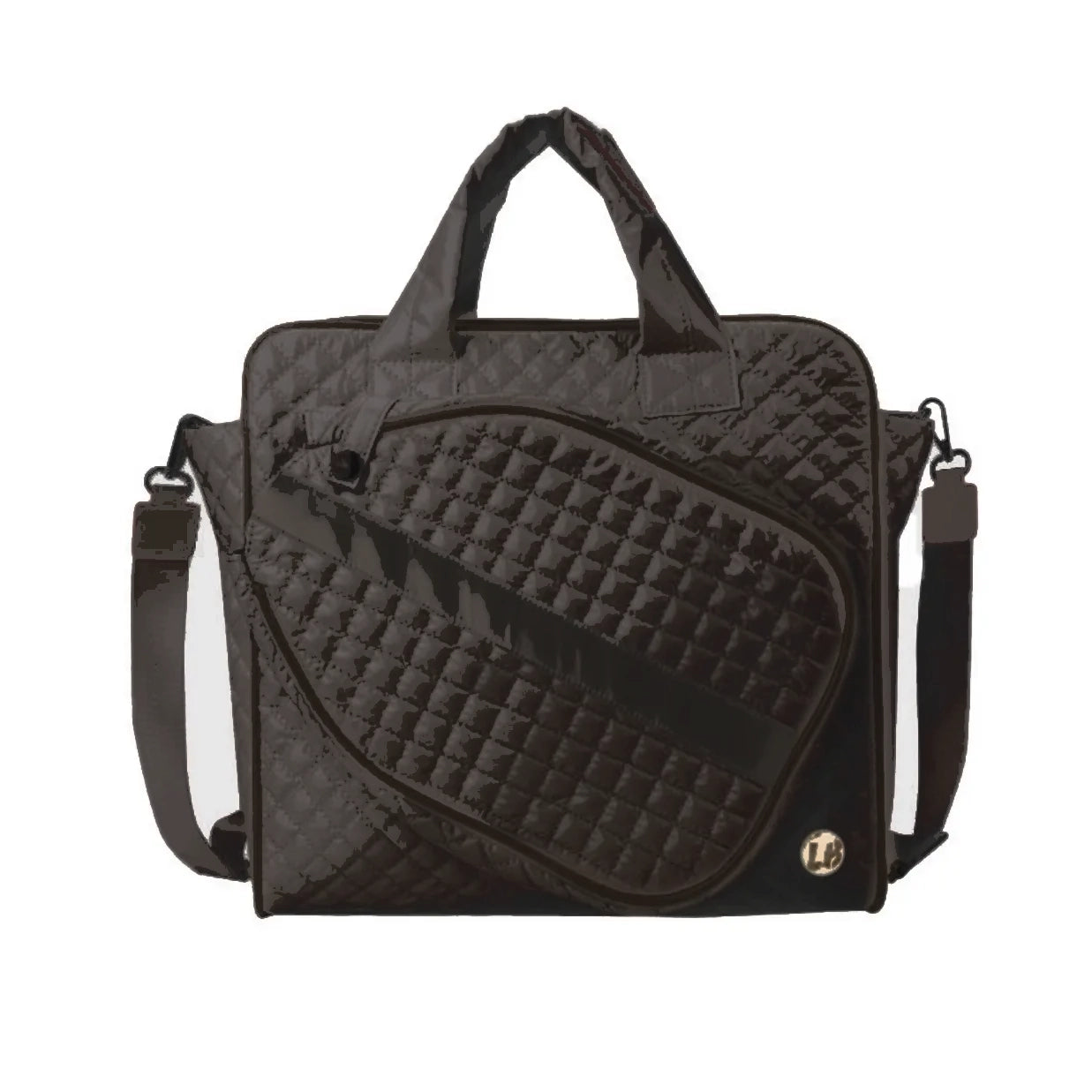 A black, fig-colored puffer pickleball tote bag with a quilted design, featuring a detachable cover, suitable for carrying pickleball paddles and other belongings.