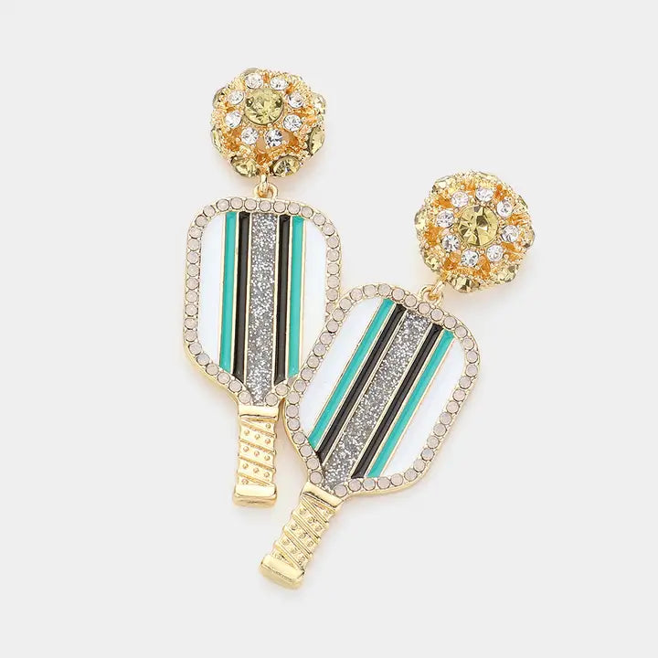 Enamel stone embellished dangling pickleball earrings in gold, green and black