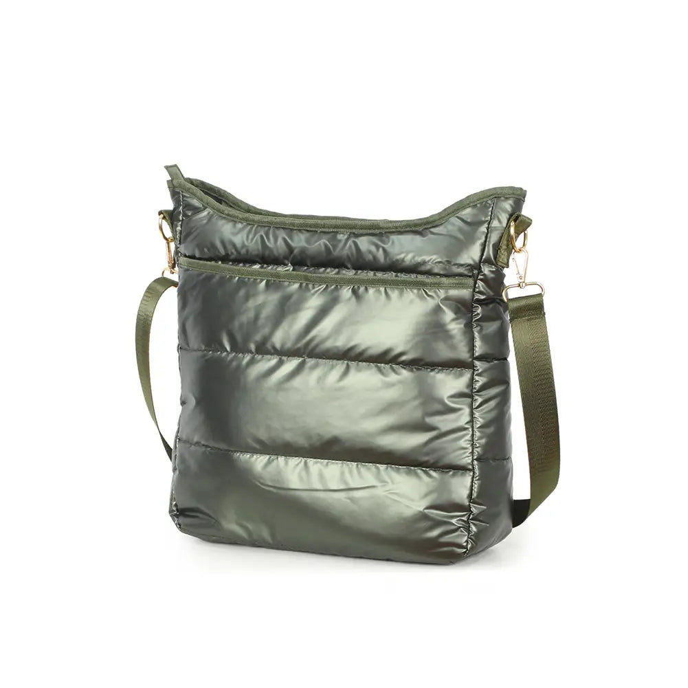 A puffy crossbody bag in olive green color with a shoulder strap and a zipper top closure.