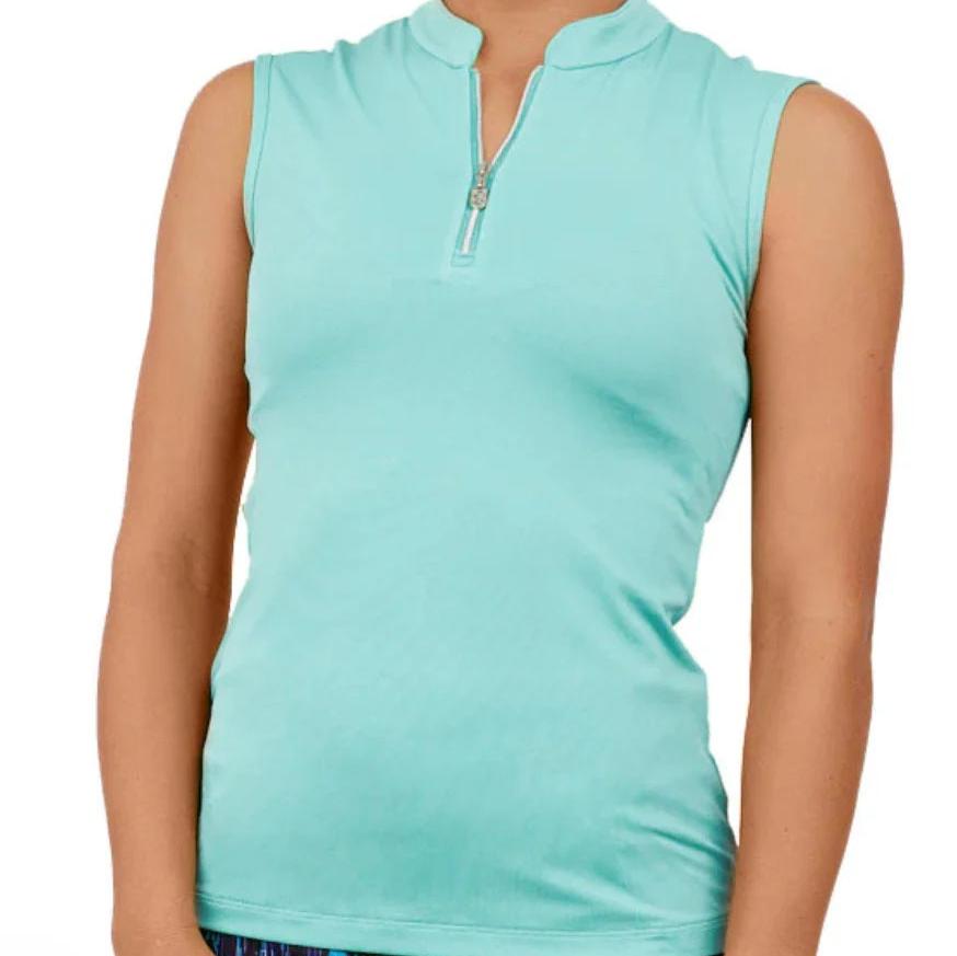 A Sofibella sleeveless mint green tank top with a zipper at the front, designed for athletic activities.