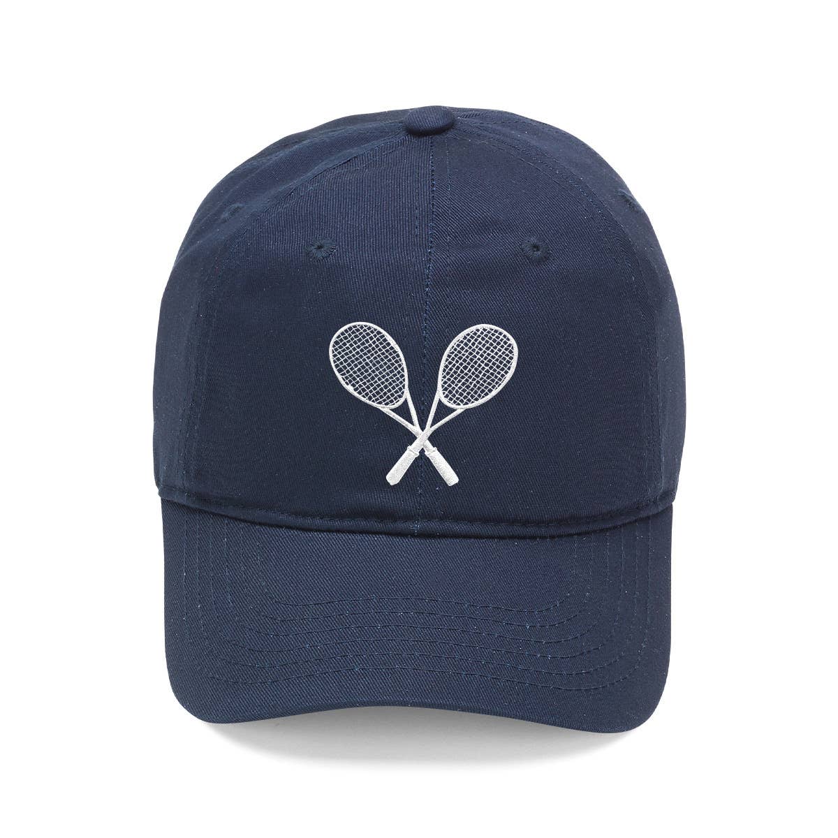 Navy cotton hat with tennis rackets embroidered in white