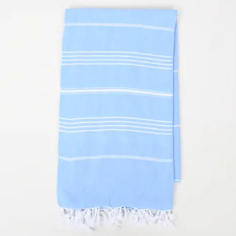 Light blue turkish towel with white stripes and fringes.