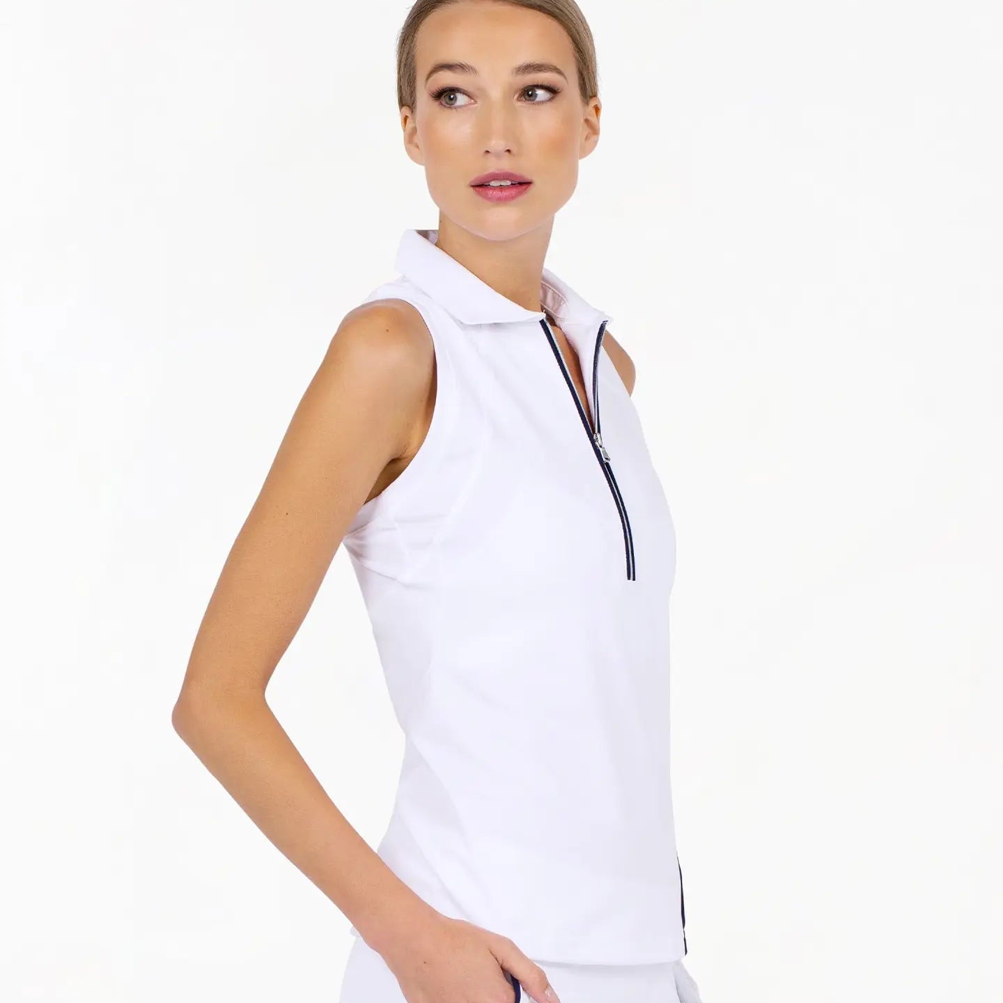 tank that will have you looking ready golf, tennis, pickleball, or headed out for a day biking, walking, or out to lunch, color is white with midnight navy stripes, side view