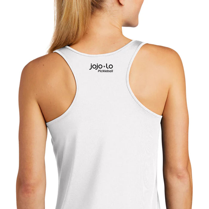 Back of a white performance fabric tank top with the word 'XOXO' and pickleball paddles graphics in black and yellow on the front.