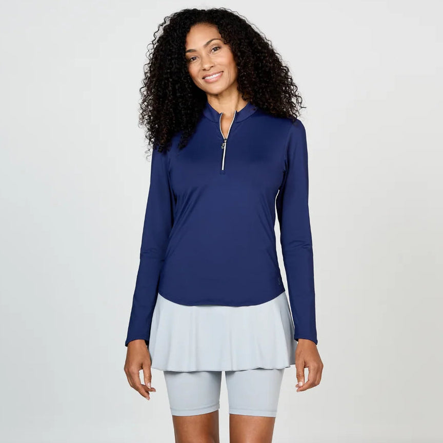 Navy women's long sleeve sport top is made of Sofi Premier Fabric, UPF 50+, mesh undersleeve inserts for ventilation.