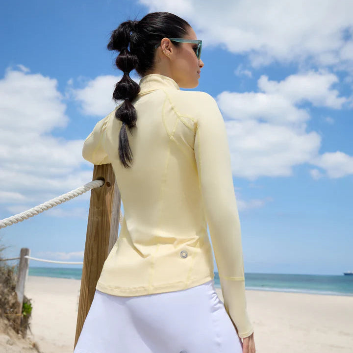 Back of Lemon Yellow Bloq-UV, SPF 50 Mock Zip long sleeve top, perfect for any outdoor sport
