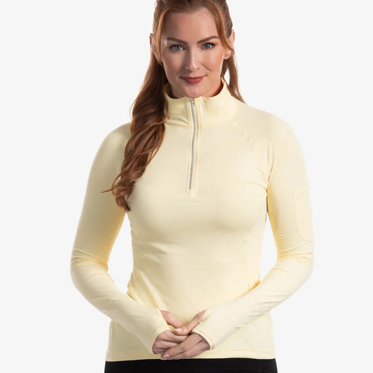 Lemon Yellow Bloq-UV, SPF 50 Mock Zip long sleeve top, perfect for any outdoor sport