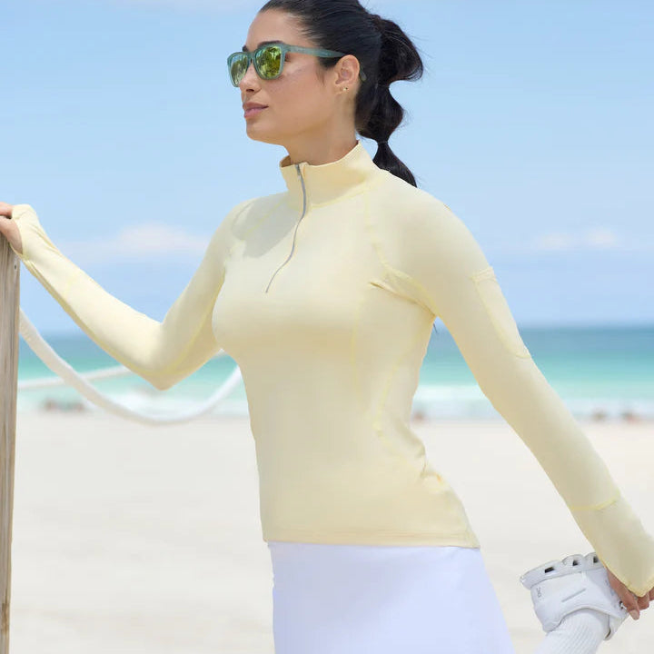 Lemon Yellow Bloq-UV, SPF 50 Mock Zip long sleeve top, perfect for any outdoor sport