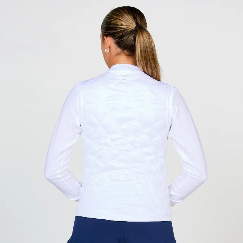 White Quilt Vest with UV Protection (50+ UPF), moisture-wicking, quick-drying, and pilling-resistant properties.