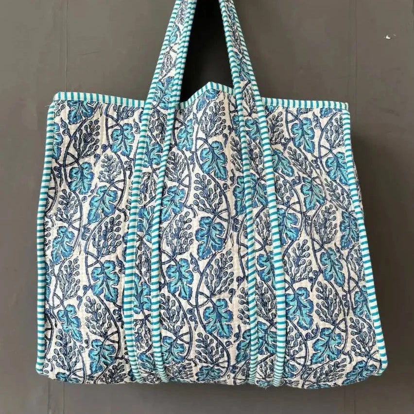 Blue Bohemian Indian Handmade Cotton Tote Bag For Shopping or Travel