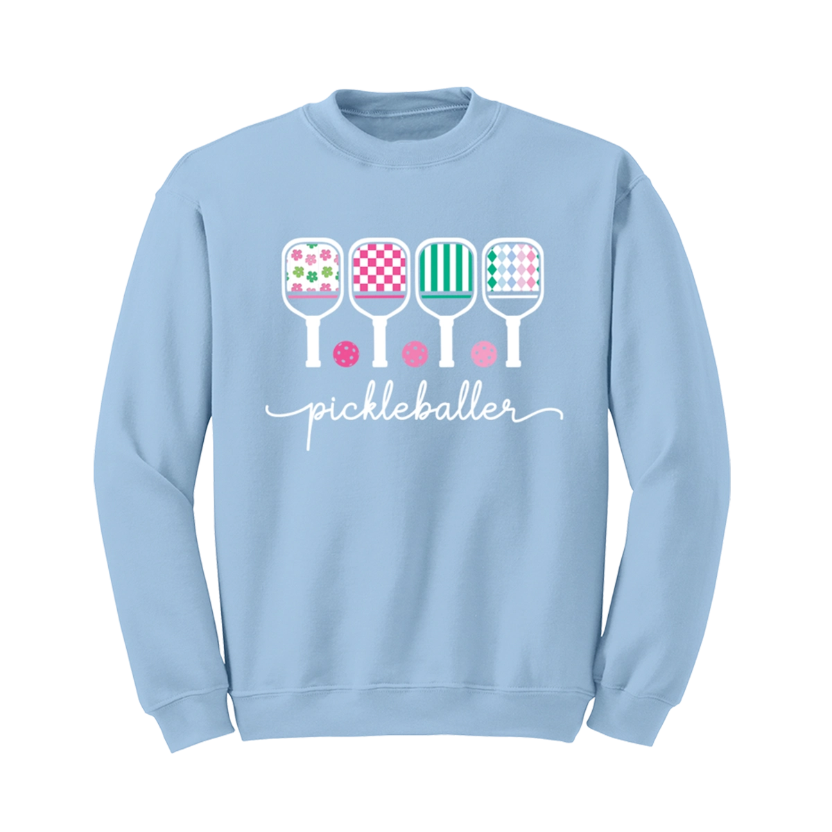 Light blue sweatshirt with pickleball-themed design