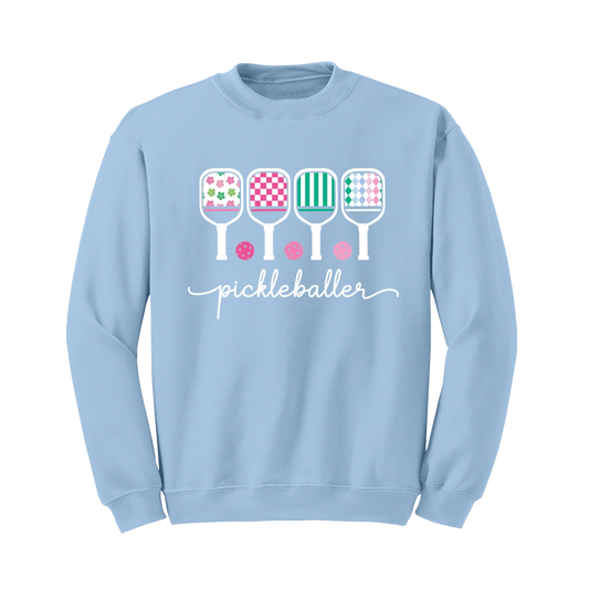 Light blue sweatshirt with pickleball-themed design