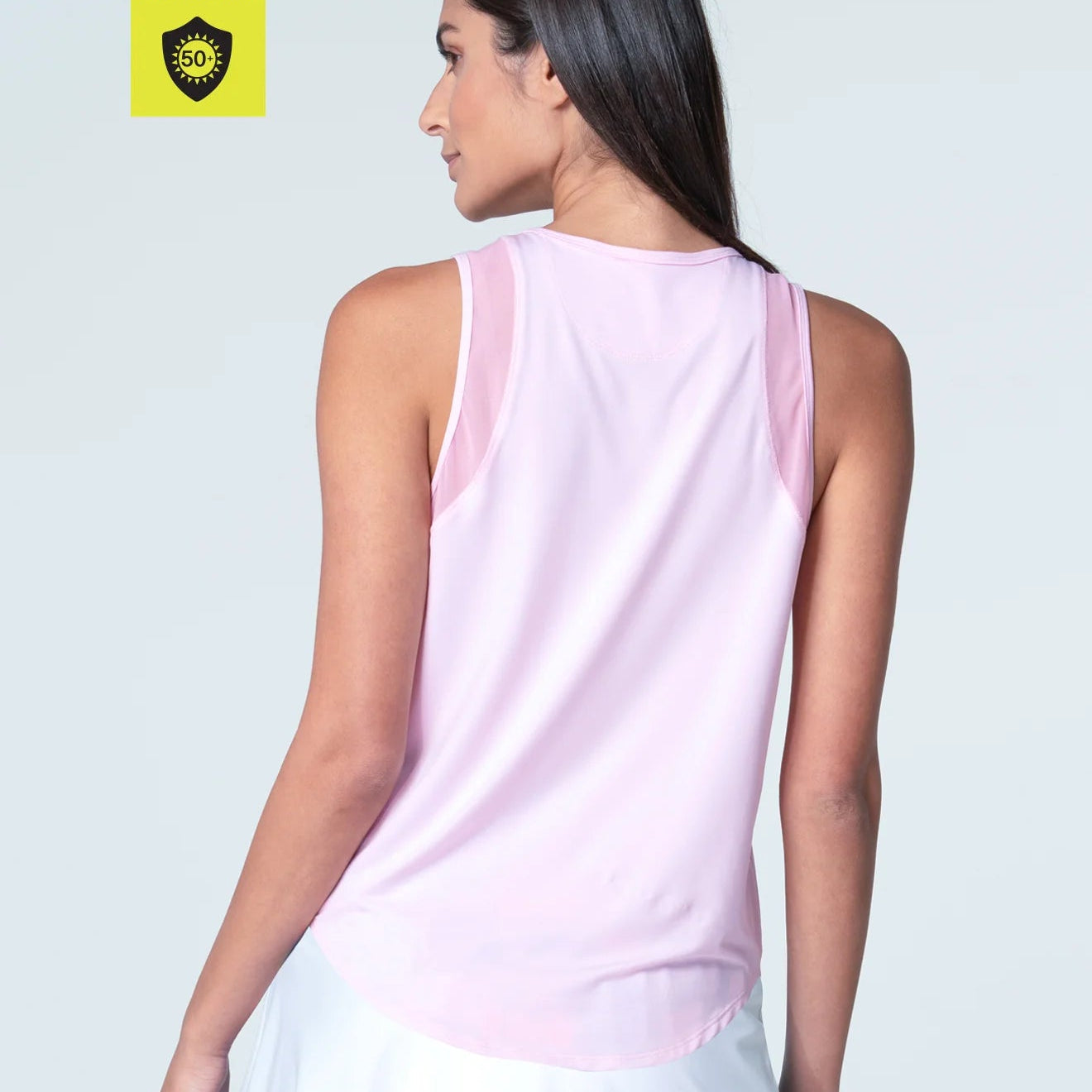 Back view of round neck, full back, pink sand tank is made from UPF 50+ super lightweight polyester