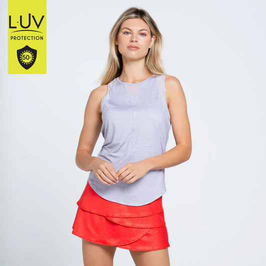 Front view of woman wearing a light gray sleeveless top and red skirt with 'LUV Protection' logo in the corner.