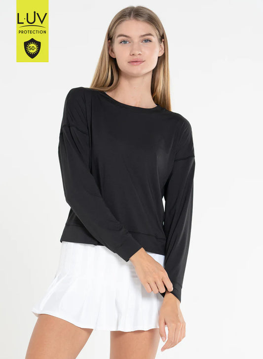 Lucky in Love LUV round neck, drop shoulder, black long sleeve top .