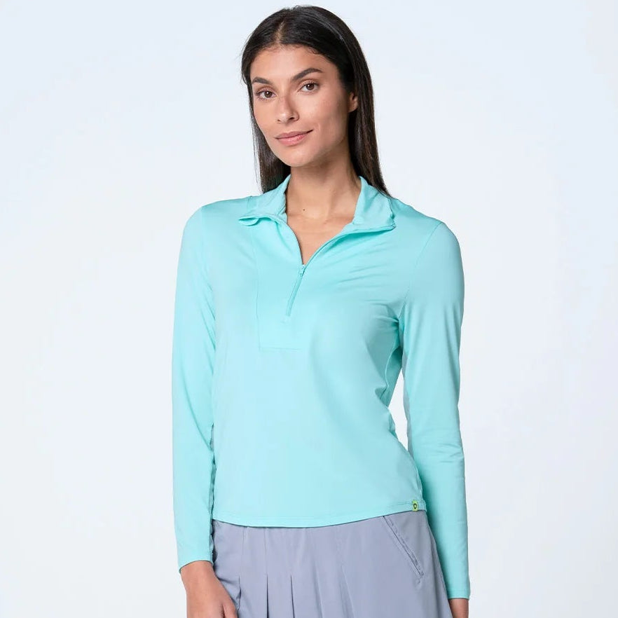 Front view of lightweight SPF 50 sun protection top that keeps you cool and protected from the sun. This zip mock neck top is done in our signature  and features mesh inserts along the sleeves for added breathability and fashion flair.