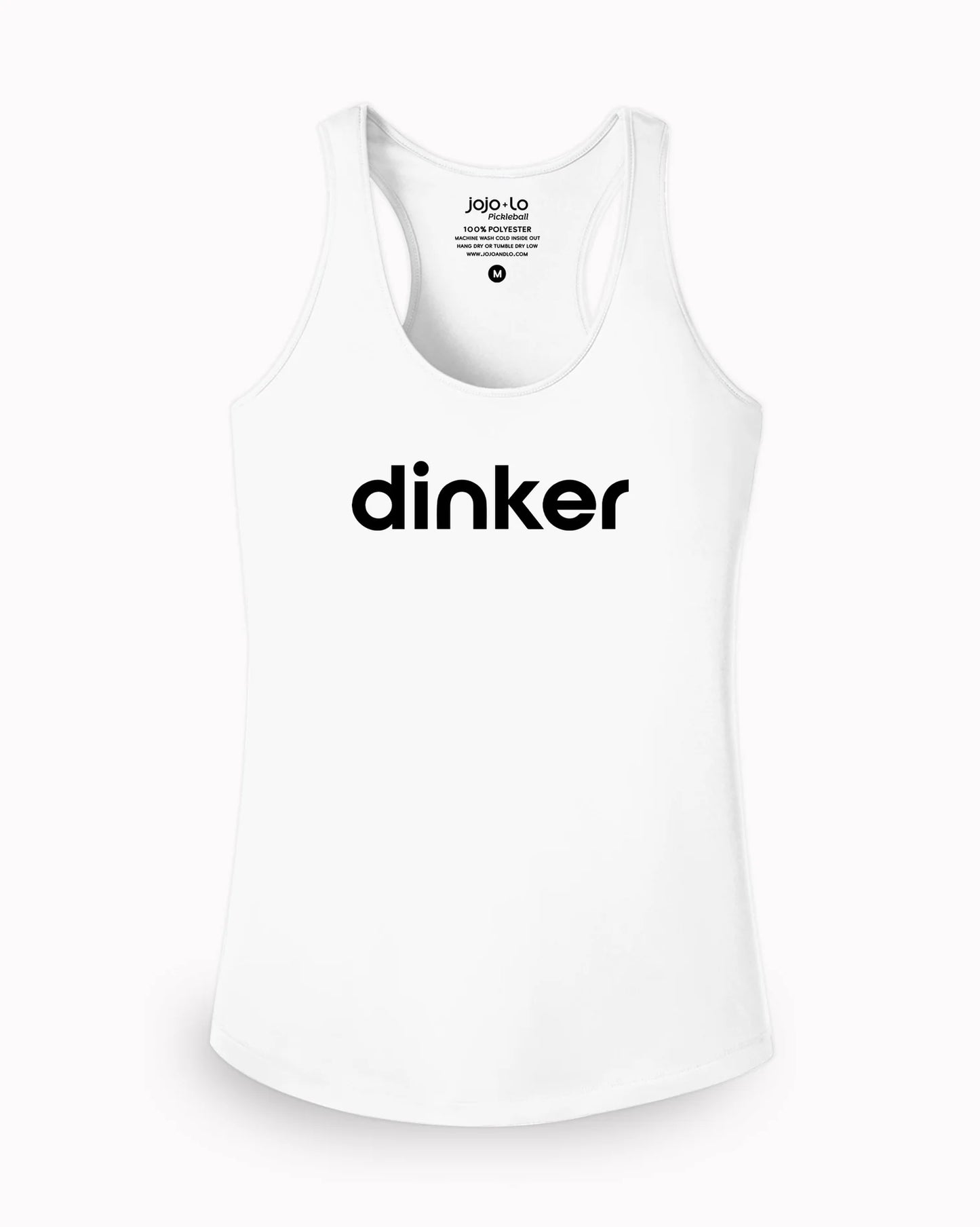 A white racerback style tank top with the word 'DINKER' printed across the front.