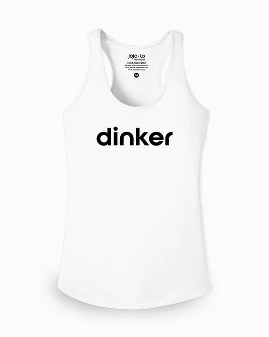 A white racerback style tank top with the word 'DINKER' printed across the front.