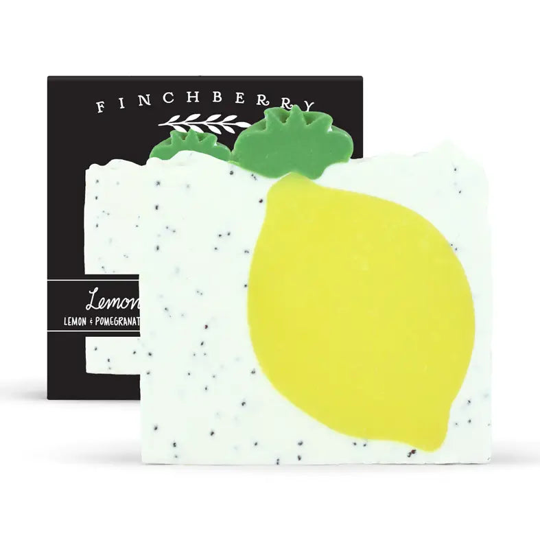 Soap bar with lemon design and 'Finchberry' branding on a white background