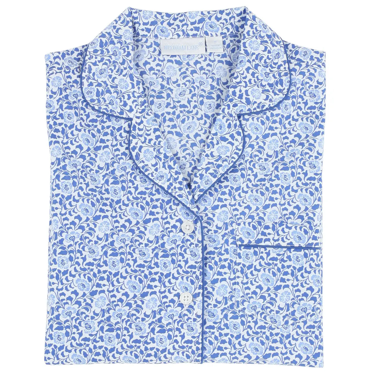 Floral Blue Cotton Poplin Long Sleeve Pajama Set folded long sleeve top