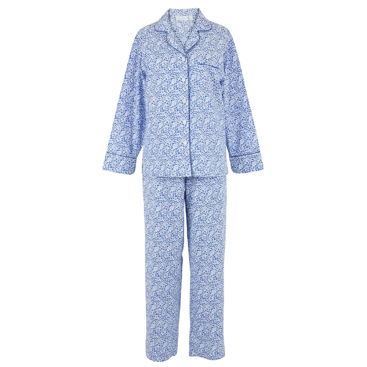Floral Blue Cotton Poplin Long Sleeve Pajama Set - Front