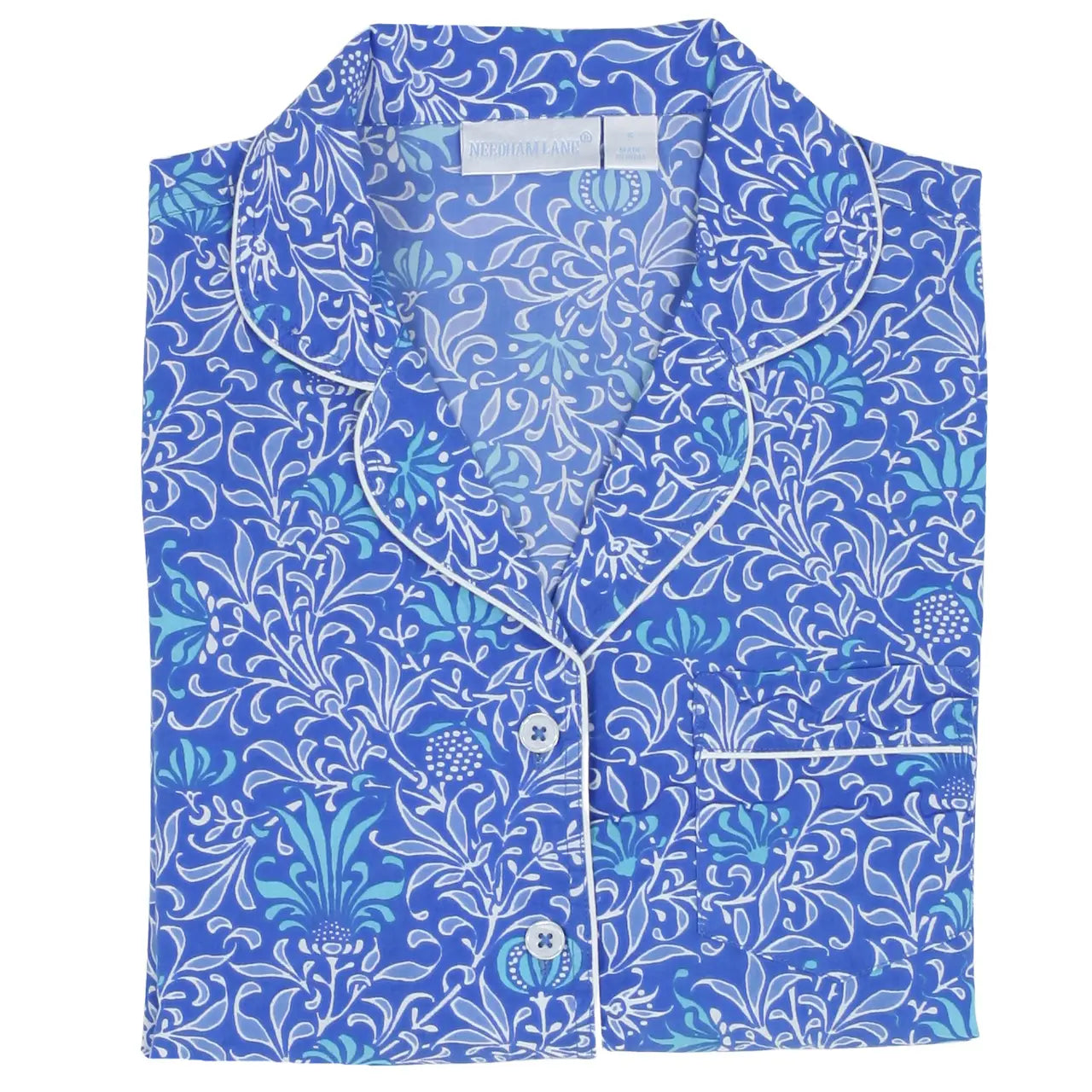 Folded top blue floral patterned long sleeve and pant 100% cotton women's pajama set
