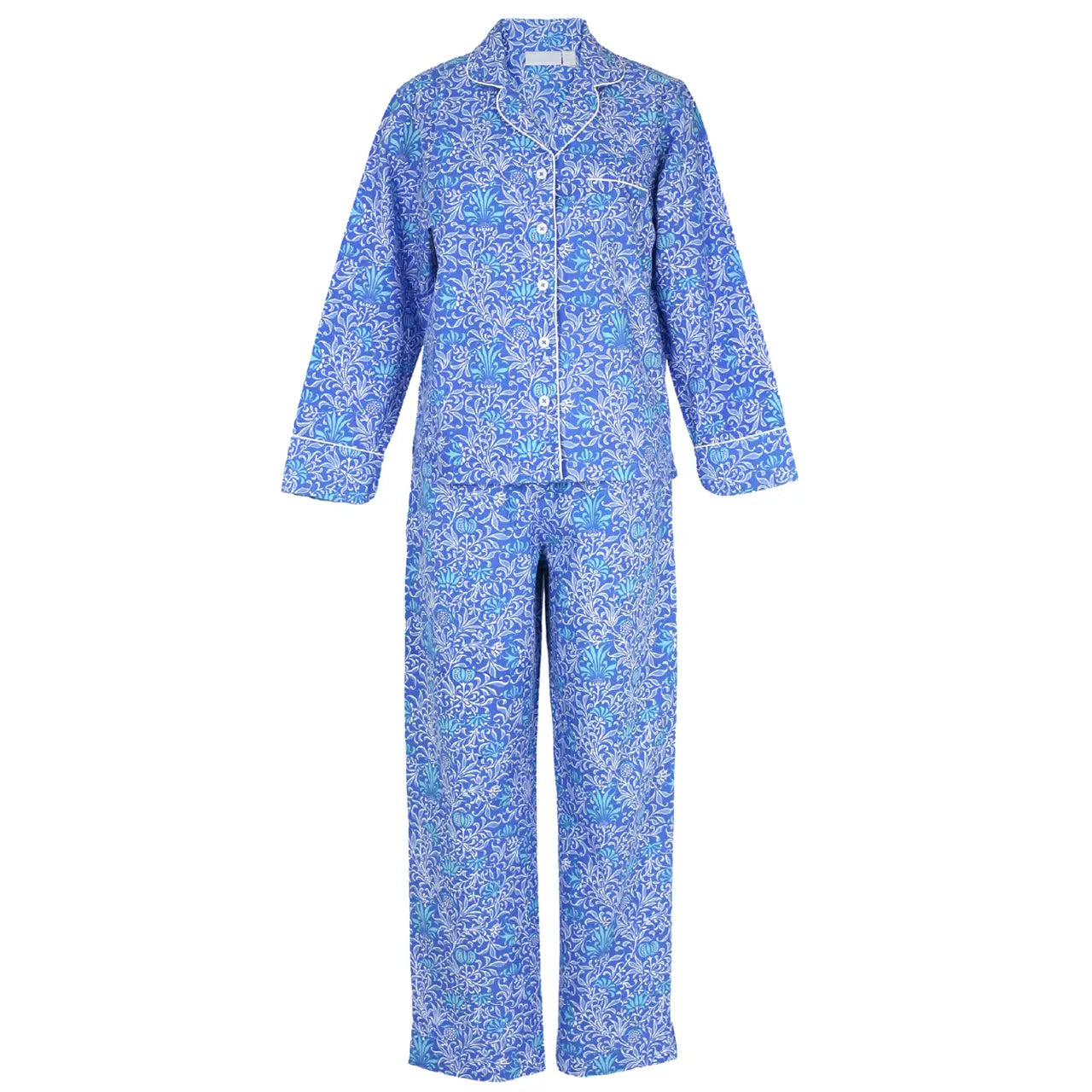 Front view of Blue floral patterned long sleeve and pant 100% cotton women's pajama set