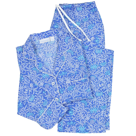 Blue floral patterned long sleeve and pant 100% cotton women's pajama set
