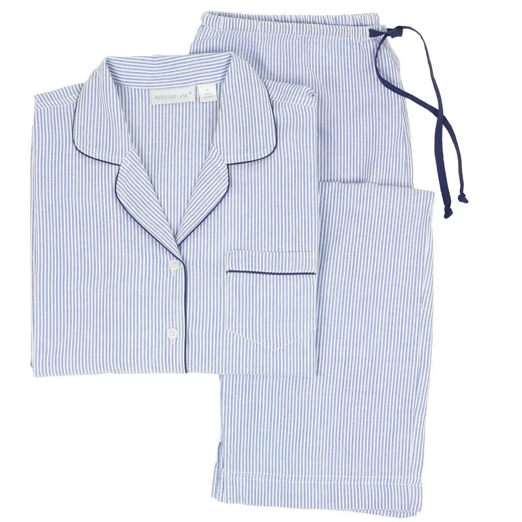Women"s Navy and white seersucker striped pajama set